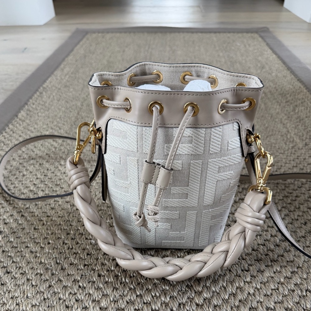SOLDFendi FF Embroidered Canvas Braided Handle Mon Tresor Mini Bucket Bag
